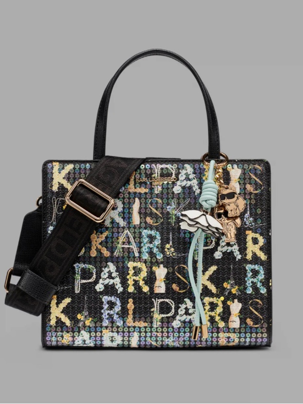 Karl Lagerfeld RARE Maybelle Satchel Black Sequin crossbody guitar strap NWT